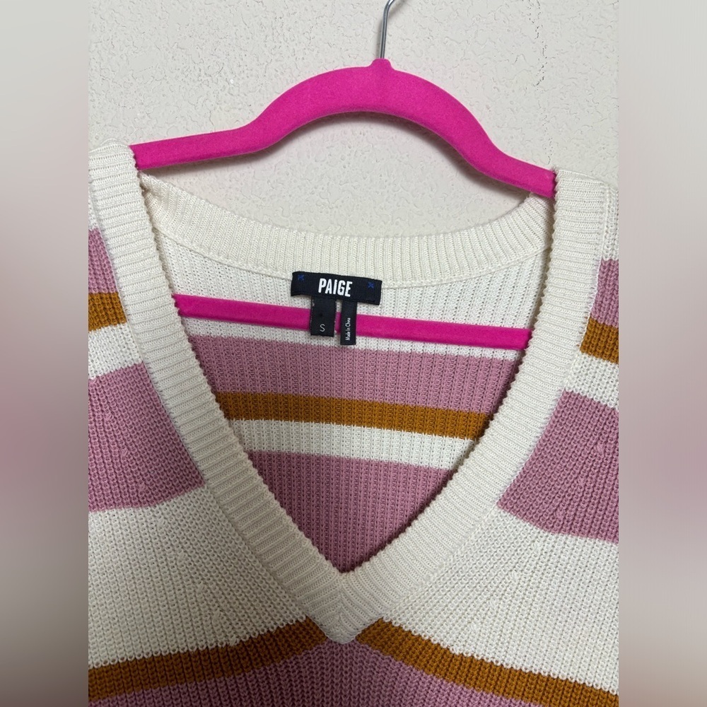 PAIGE Negin V-Neck Knit Sweater in Fuchsia, Gold, and Cream Stripes Small - Picture 6 of 7
